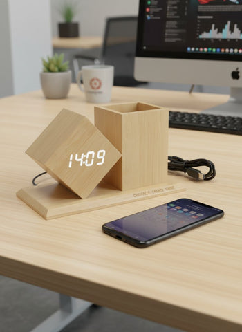 Personalized Bamboo Desk Clock & Pen Stand | USB Powered