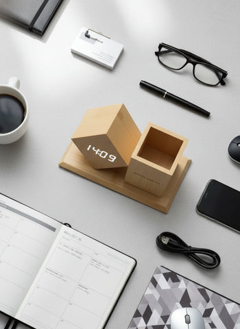 Personalized Bamboo Desk Clock & Pen Stand | USB Powered