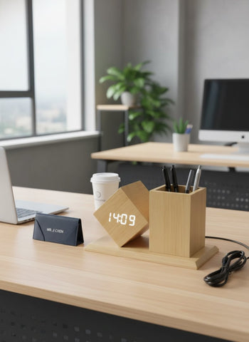 Personalized Bamboo Desk Clock & Pen Stand | USB Powered