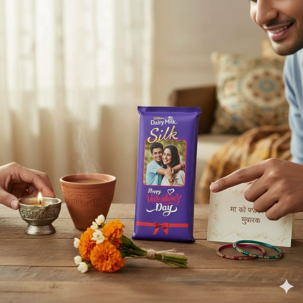 Dairy Milk Silk chocolate bar with a romantic scene on a table with candles and flowers, indicating Valentine's Day.