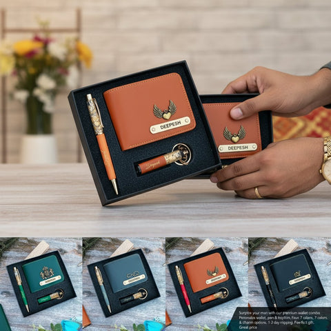 Personalized Faux Leather Wallet Combo Gift Set for Men | 7 Colors couple combos