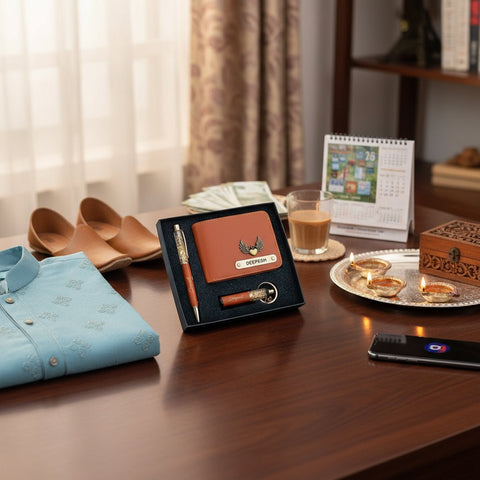 Personalized Faux Leather Wallet Combo Gift Set for Men | 7 Colors couple combos