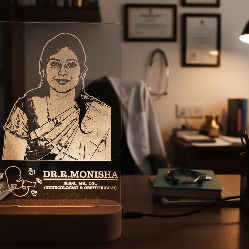 Laptop with a personalized design of a woman's face and name on a desk in an office setting.