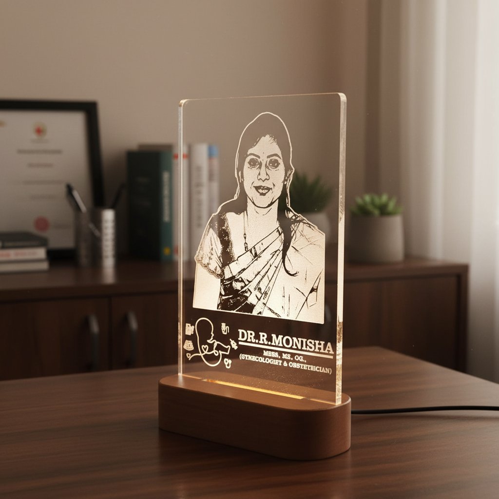 Acrylic lamp with engraved portrait and text on a wooden base