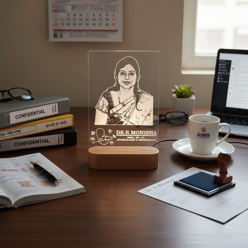 Desk setup with a personalized LED light, books, a coffee cup, and a laptop.