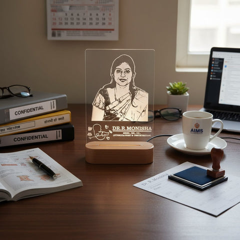 Desk setup with a personalized LED light, books, a coffee cup, and a laptop.