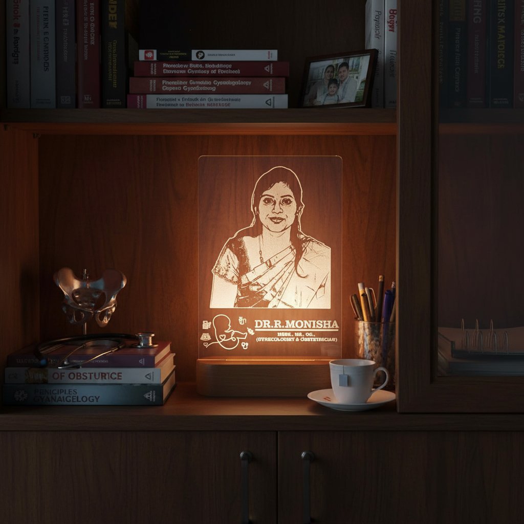 Lighted sign with a portrait and text on a bookshelf with books and a cup.