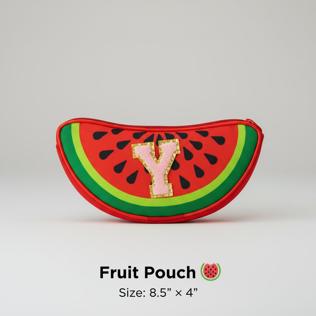 Watermelon-shaped fruit pouch with letter 'Y' on a light gray background