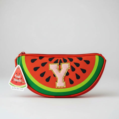 Watermelon-shaped pouch with letter 'Y' on a gray background