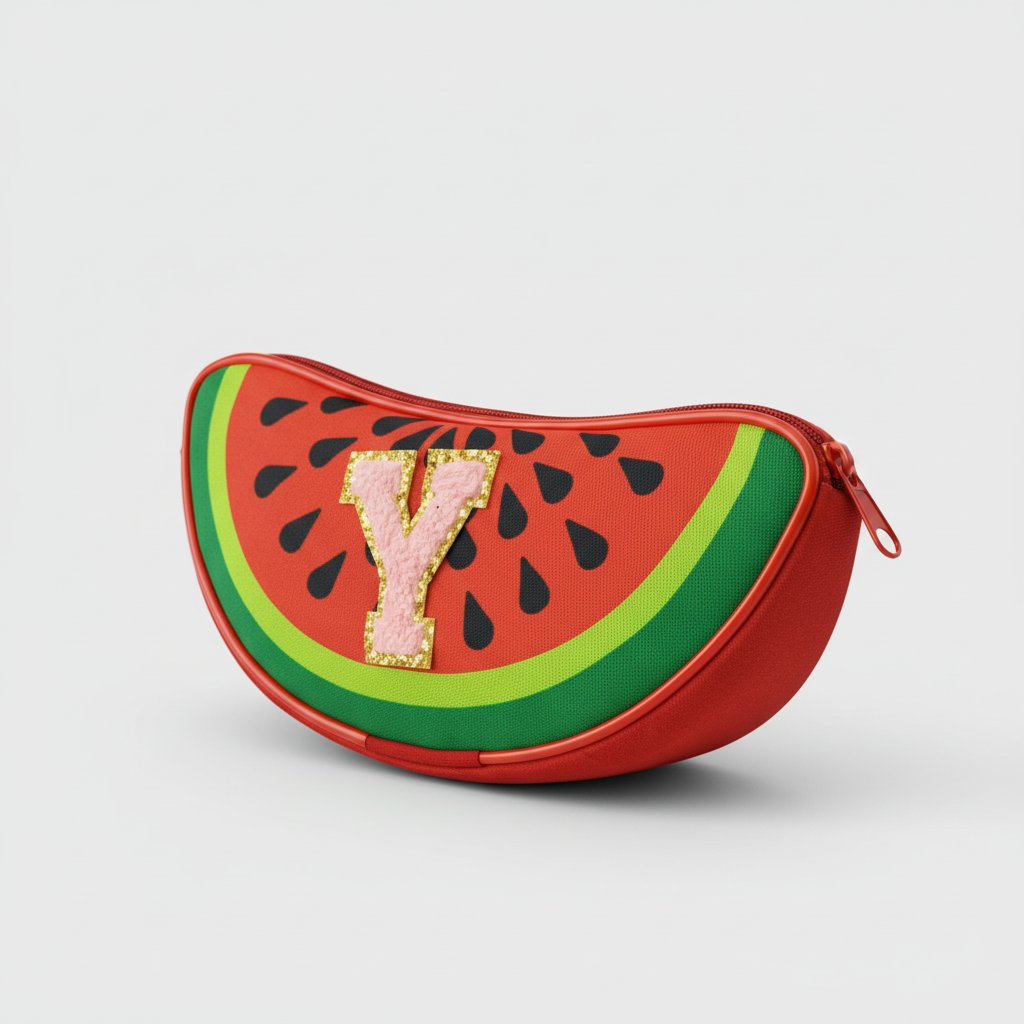 Watermelon-shaped pouch with letter 'Y' on a light gray background