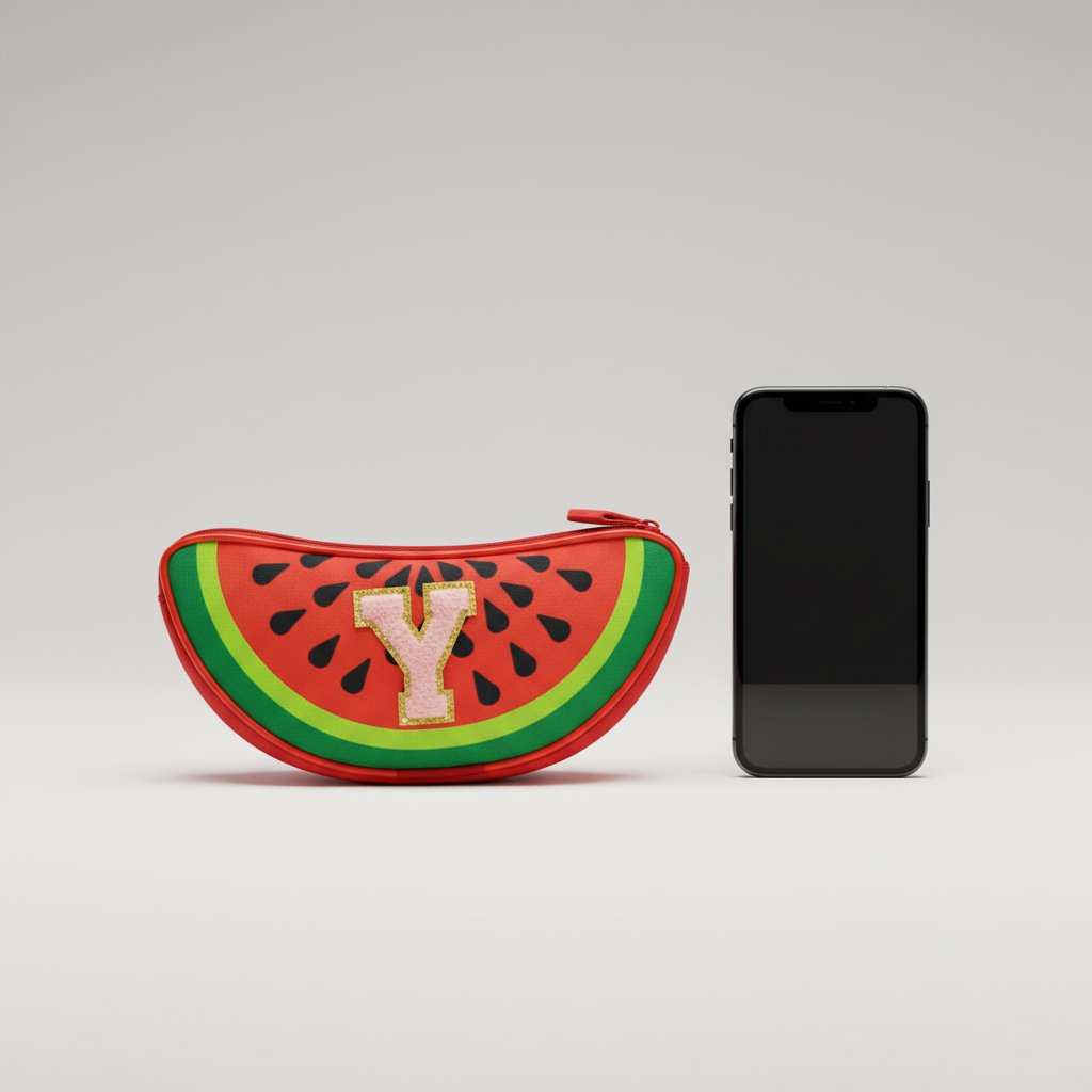 Watermelon-patterned pouch with letter 'Y' next to a smartphone on a light gray background