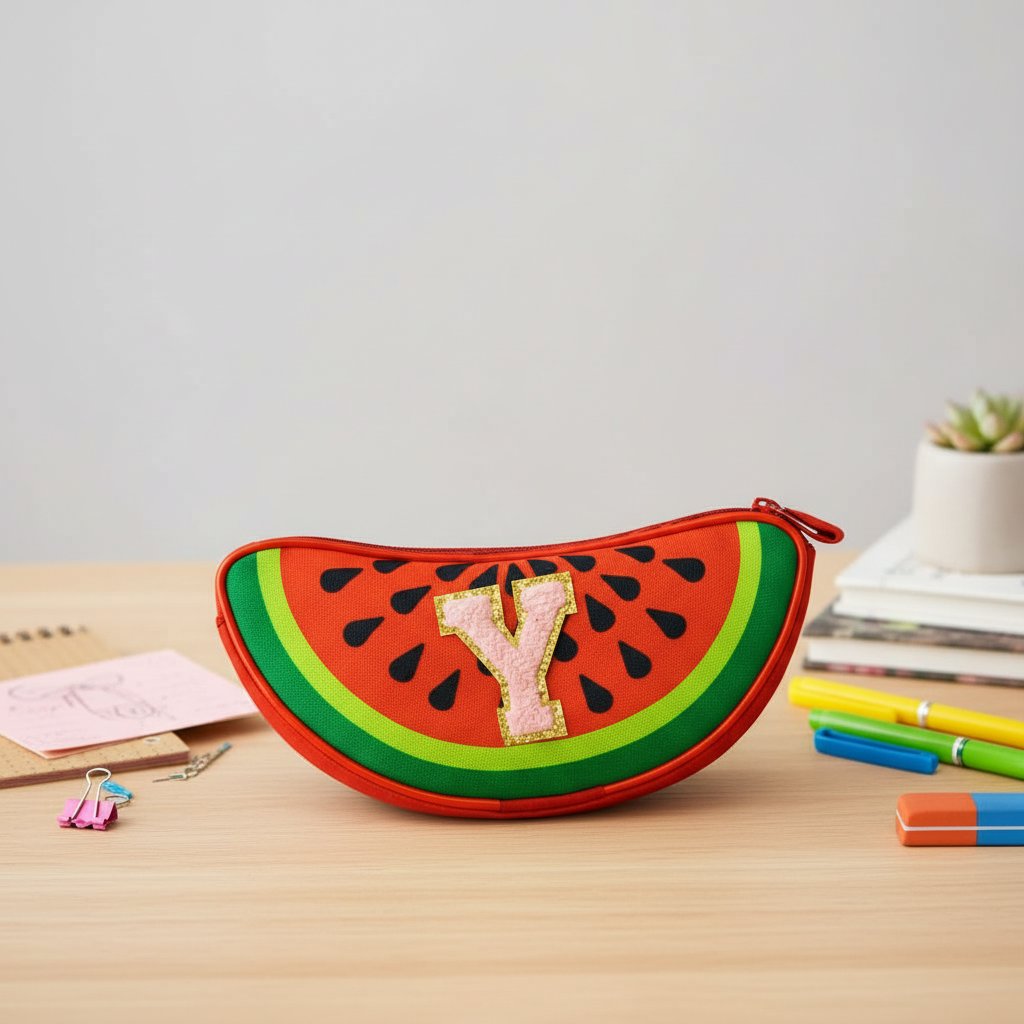 Watermelon-shaped pouch with letter 'Y' on a wooden surface