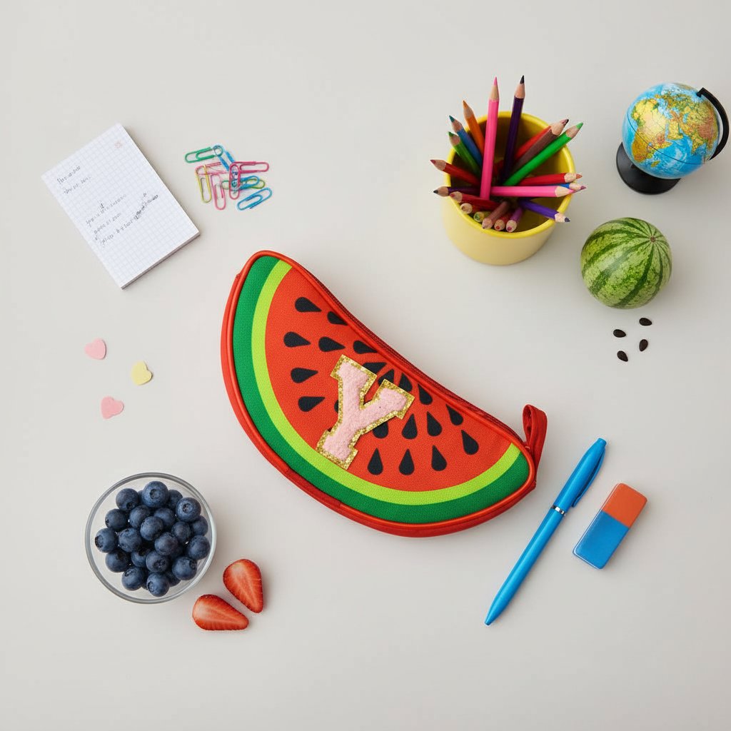 Watermelon-shaped pencil case on a desk with stationery items
