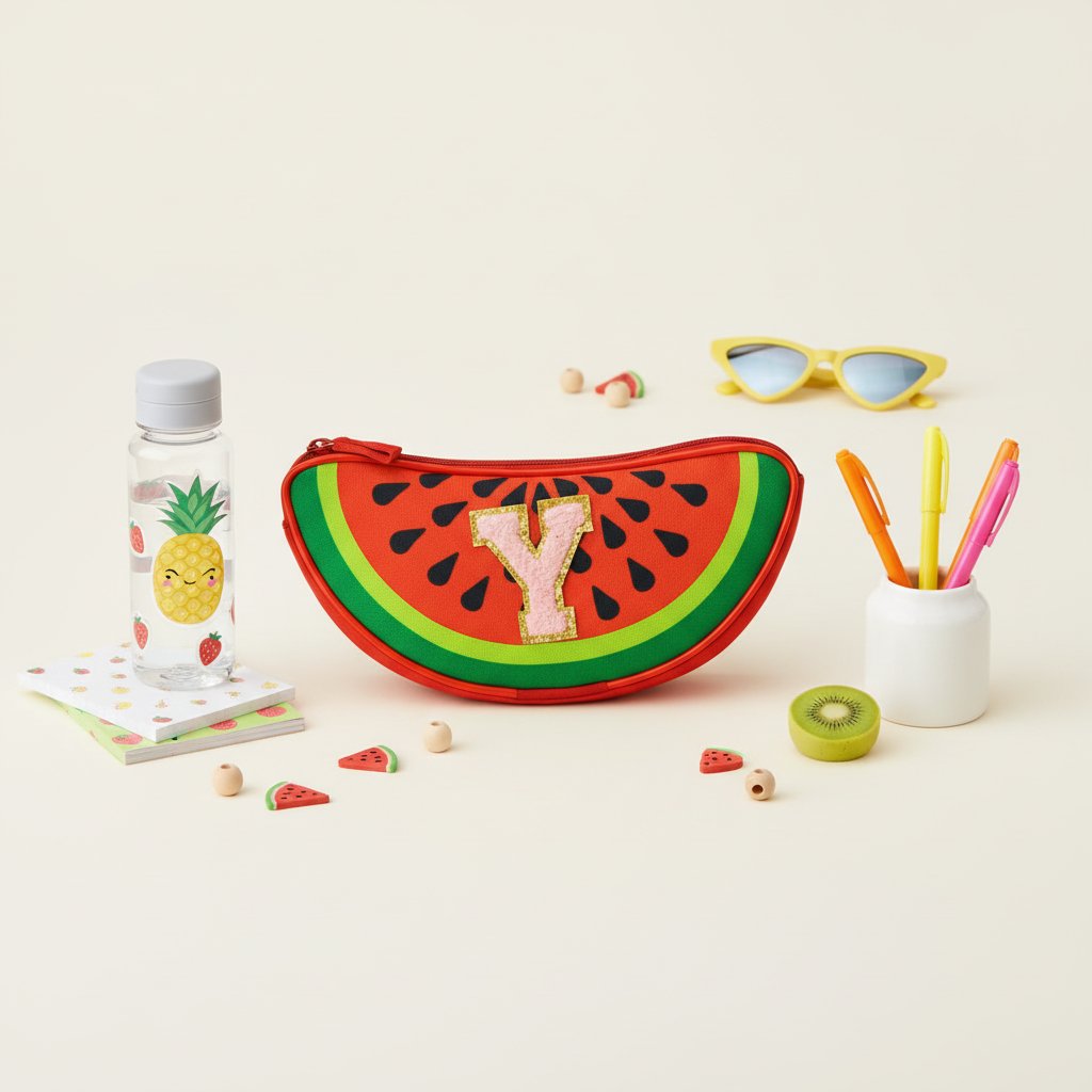 Watermelon-shaped pouch with letter 'Y' surrounded by stationery items on a light background