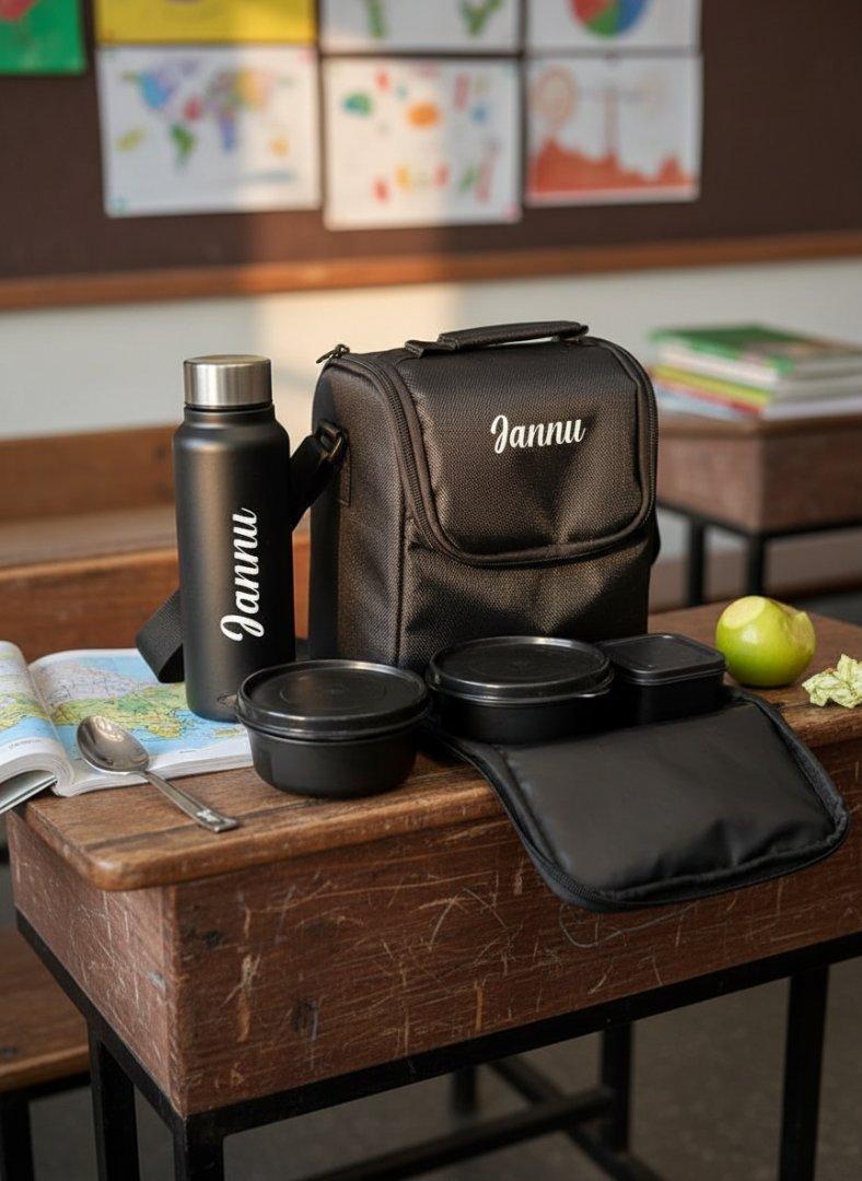Black 'Jannu' branded lunch bag, bottle, and containers on a wooden desk with educational posters in the background.