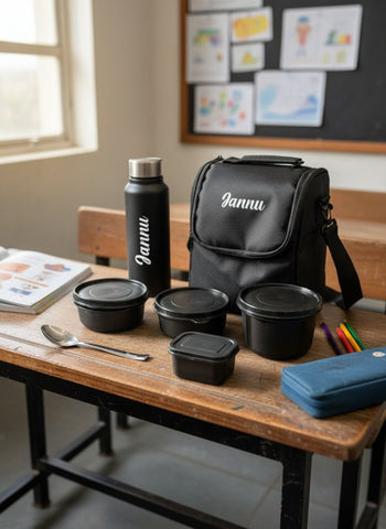 Black lunch bag, water bottle, and containers on a wooden table with a classroom setting in the background.
