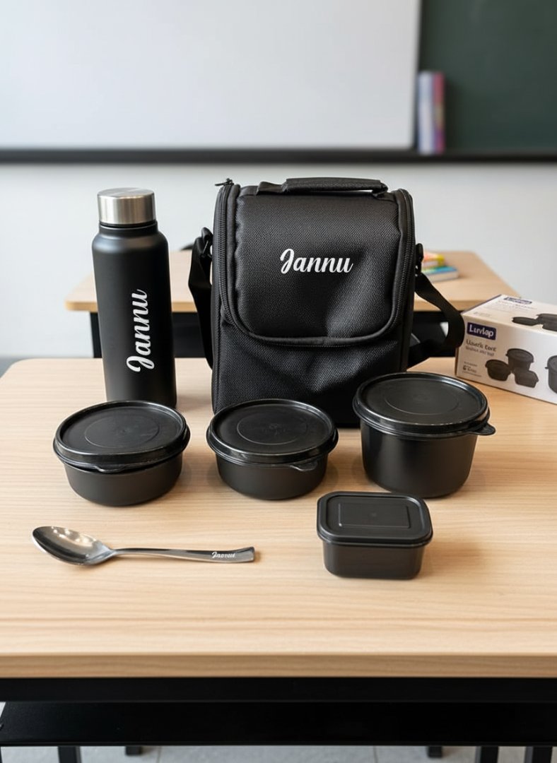 Black Jannu branded lunch set on a wooden table with a whiteboard in the background.