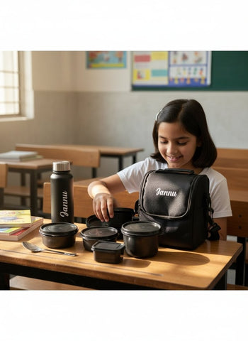Girl sitting at a desk in a classroom with Janna-branded lunch box and water bottle.