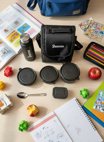 Jannu branded bag with stationery items on a wooden surface