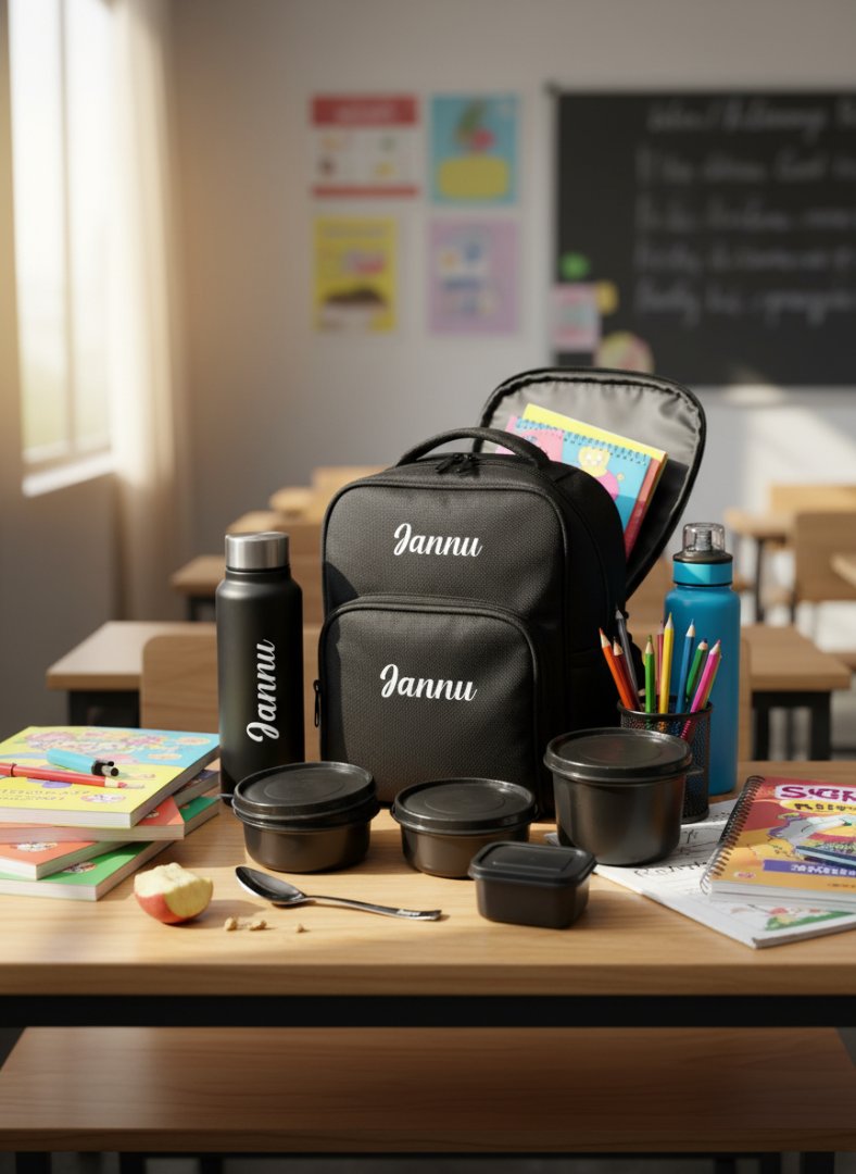 Black backpack with 'Jannu' branding on a classroom desk with stationery items.