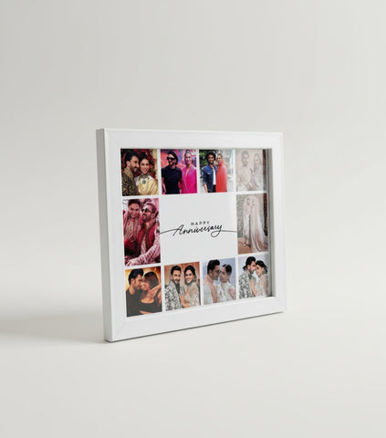 Collage photo frame with multiple photos and 'Happy Anniversary' text on a white background