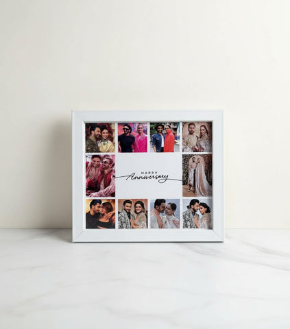 Framed collage of photos with 'Happy Anniversary' text on a white background