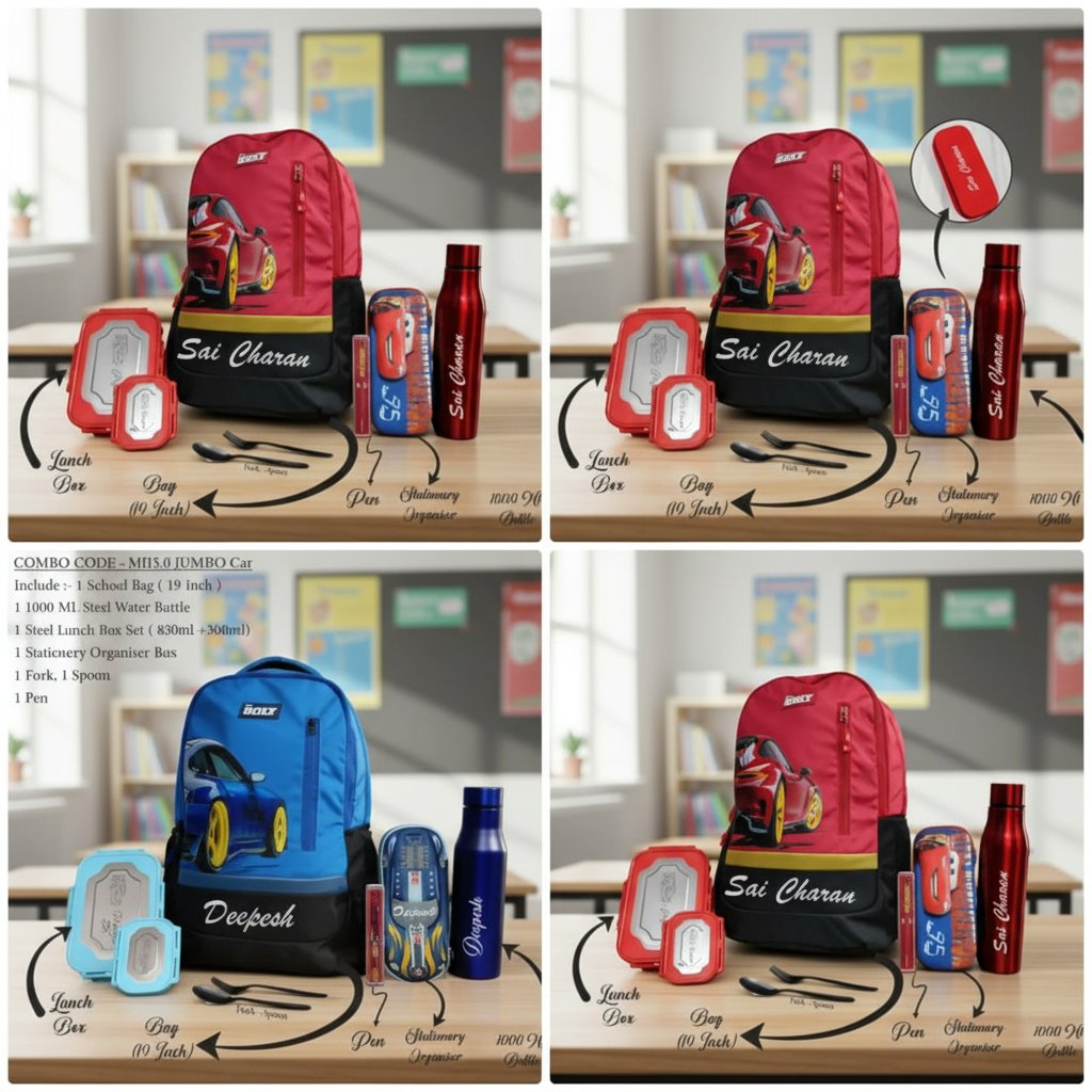 Backpacks with stationery items on a table in a classroom setting