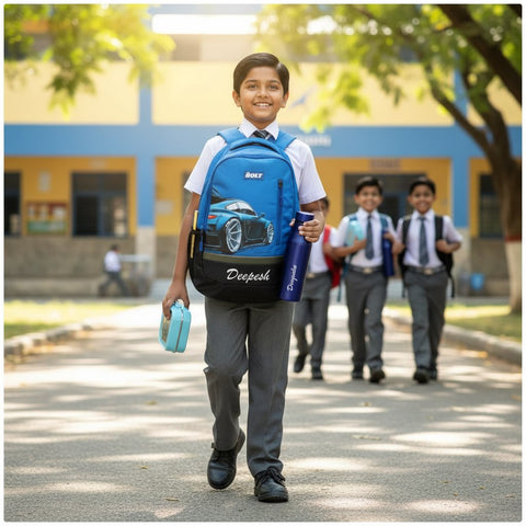 School child with a backpack and school bag in front of a school building