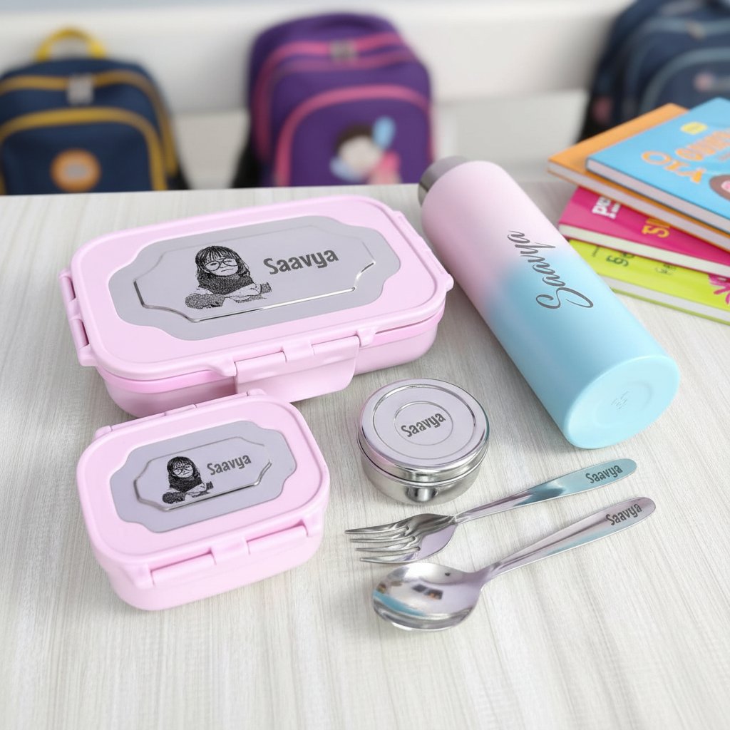 Pink lunch box set with 'Saavya' branding on a white surface with school bags and books in the background.