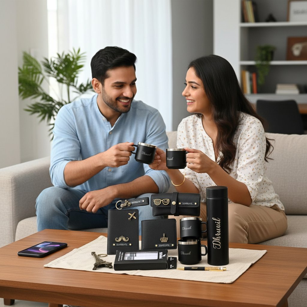 Man and woman sitting on a couch holding coffee mugs with various branded items displayed on a table in front of them.