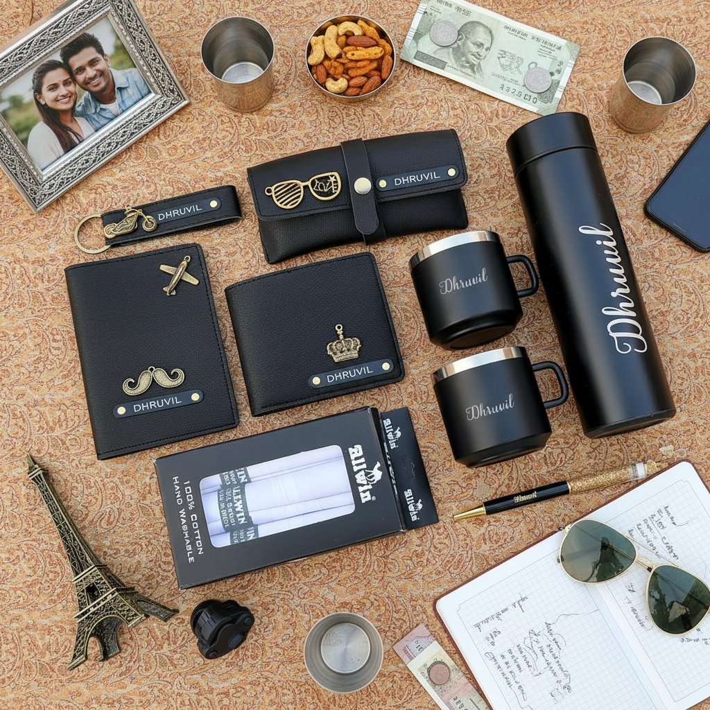 Collection of black branded items including wallets, mugs, and a water bottle on a textured surface.