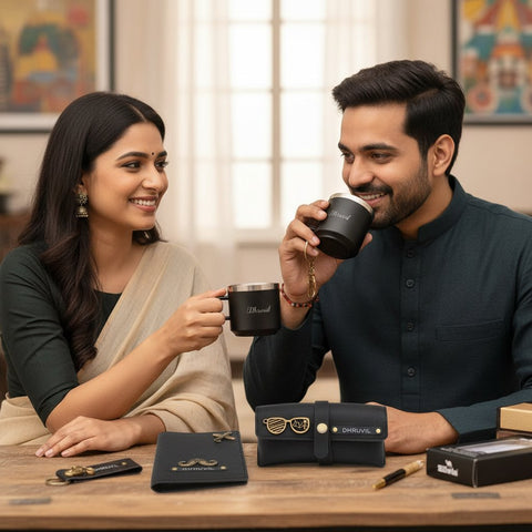 Man and woman sitting together, each holding a black mug with 'Dhaval' branding, in a home setting.