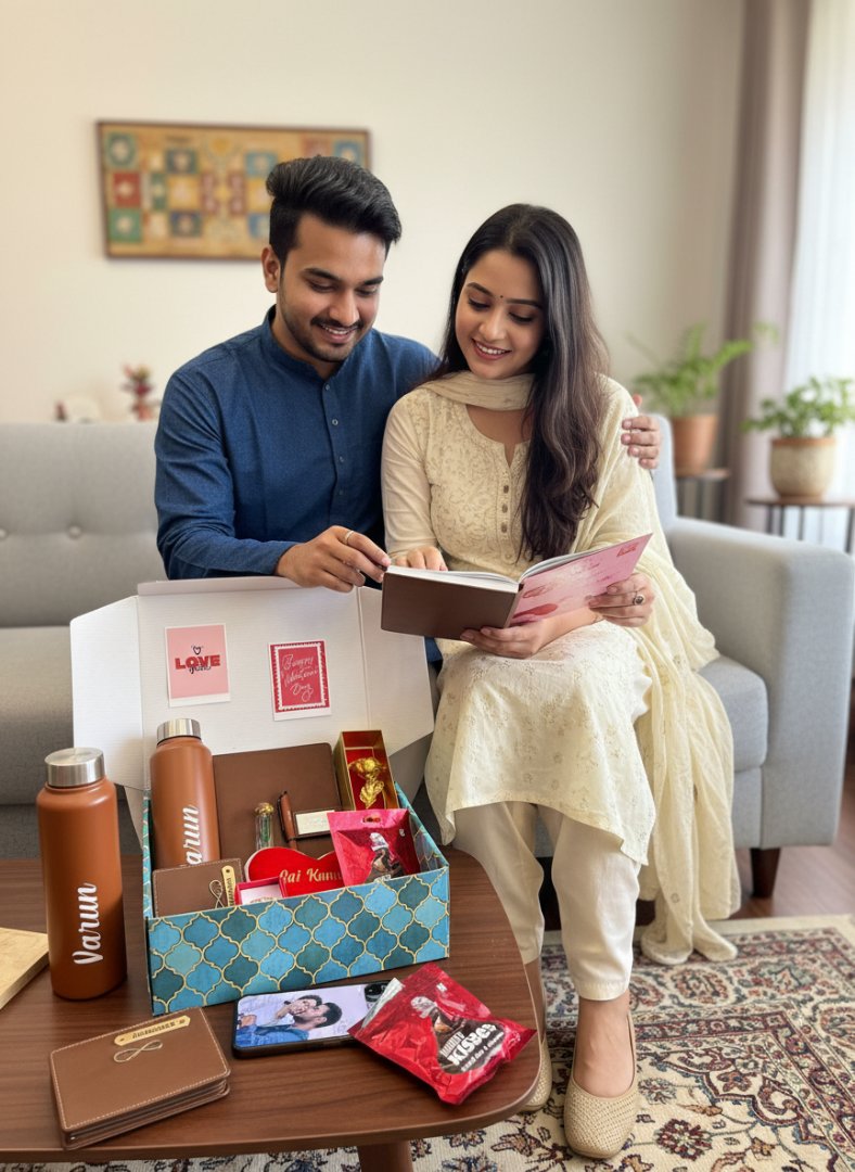 Couple opening a box of snacks and drinks in a living room.