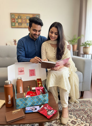 Couple opening a box of snacks and drinks in a living room.