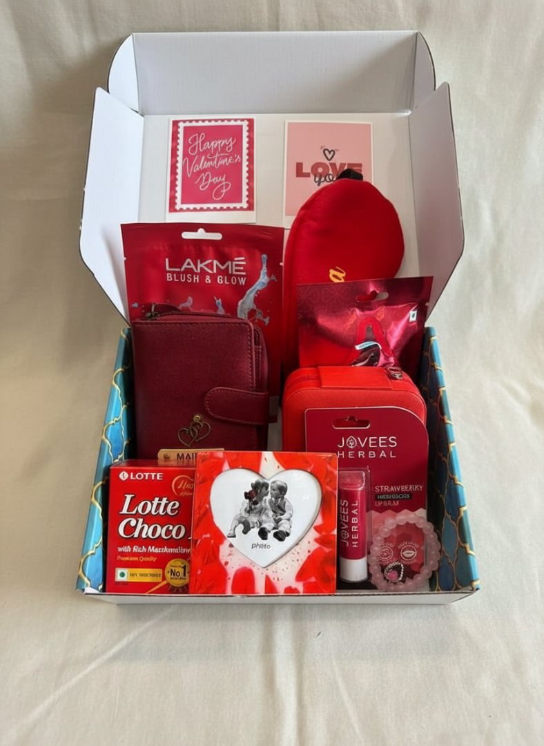 Assorted beauty and snack items in a box on a white background