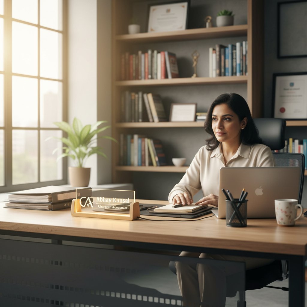 Woman sitting at a desk in an office setting with a laptop and books.