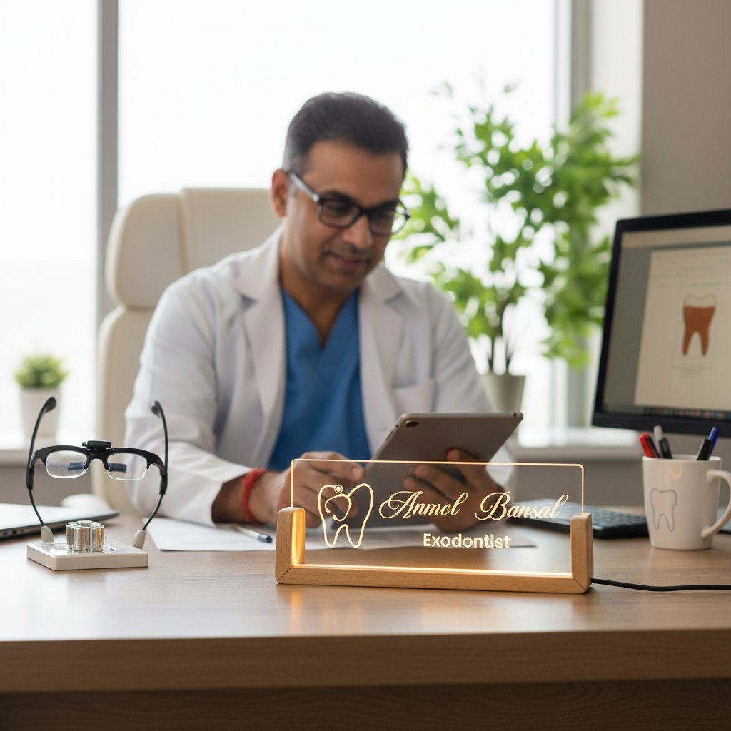 Dentist using a tablet at a desk with a nameplate displaying 'Anmol Bansal, Exodontist'.