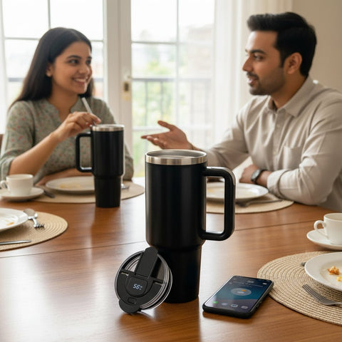 Two people sitting at a table with black travel mugs and a smartphone displaying a timer.