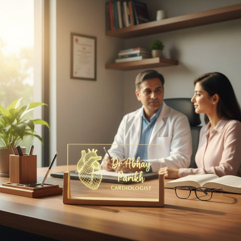 Doctor and patient in a consultation room with a cardiology-themed nameplate.