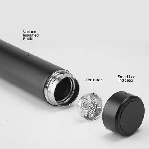 black color stainlless steel bottle place on white floor, with opened cap explaining abot parts smart Led indicator,tea filter,vaccum insulated bottle