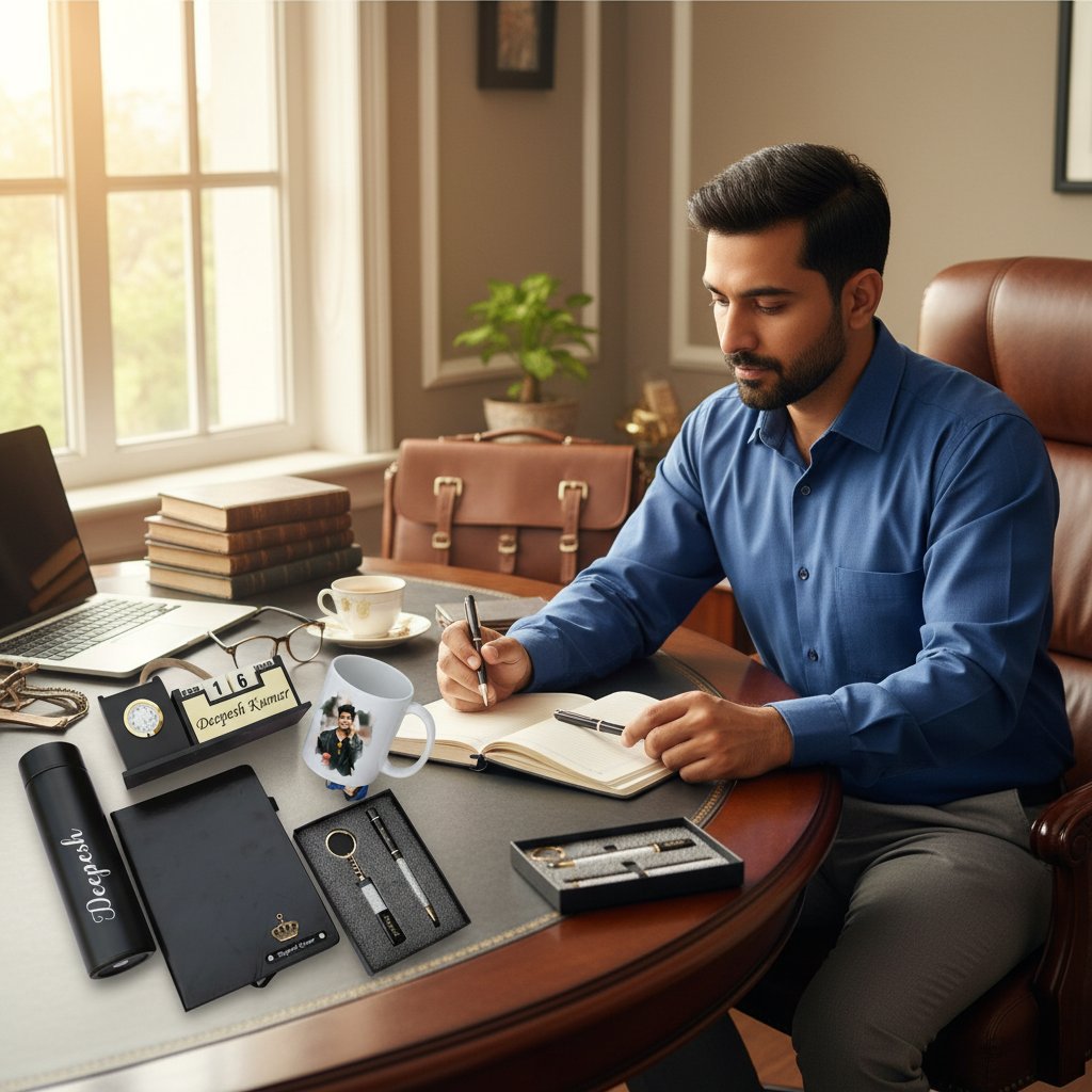 Man sitting at a desk with office supplies in a well-lit room