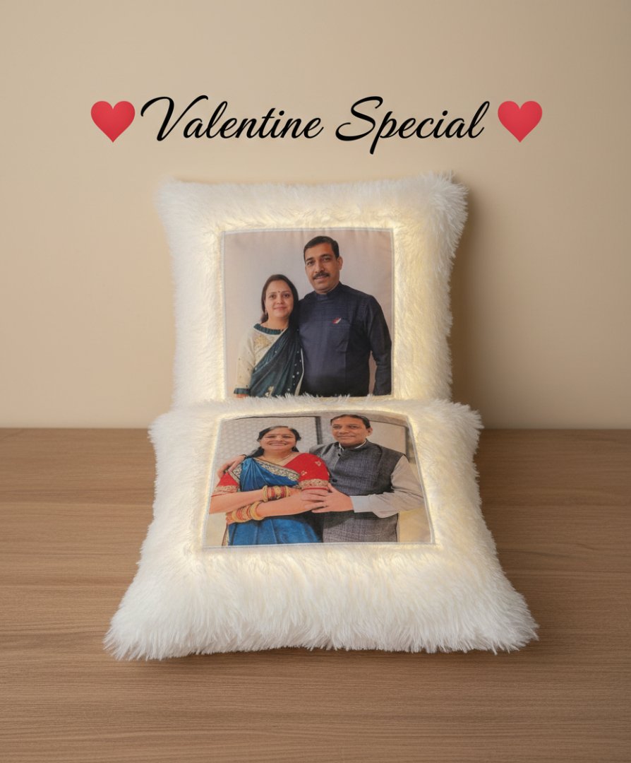 White fluffy pillow with two photo inserts of a couple, labeled 'Valentine Special'.