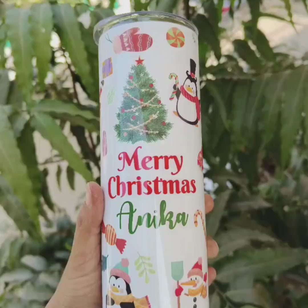 Personalized Christmas Stainless Steel Skinny Tumbler with Straw