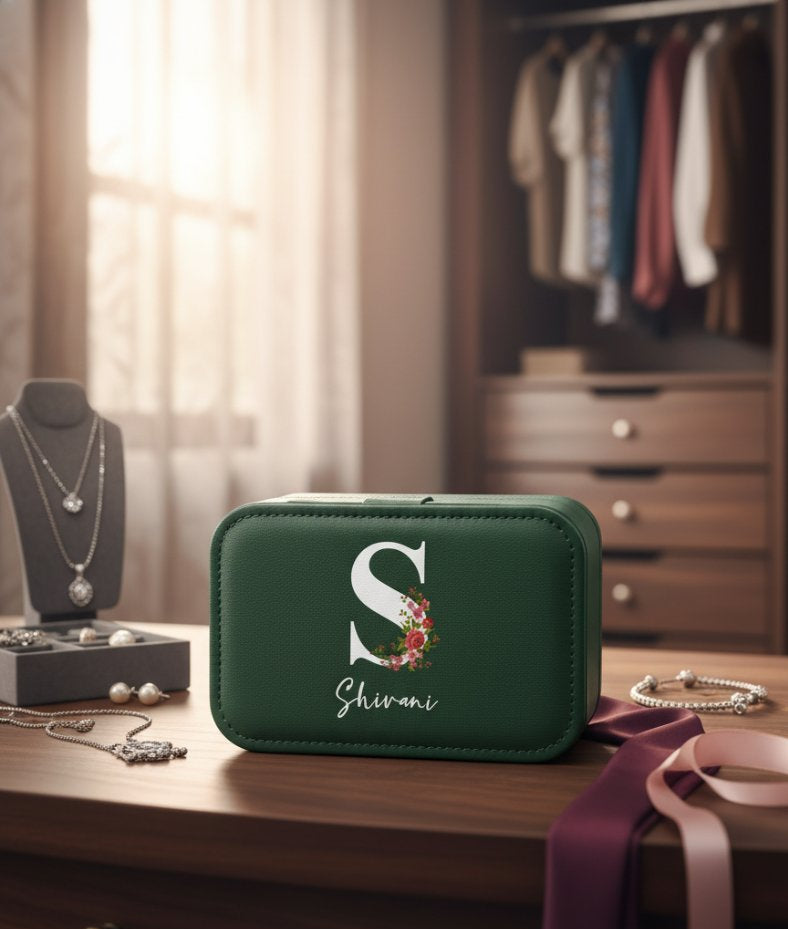 Green jewelry box with 'S' and floral design on a wooden surface with jewelry in the background.