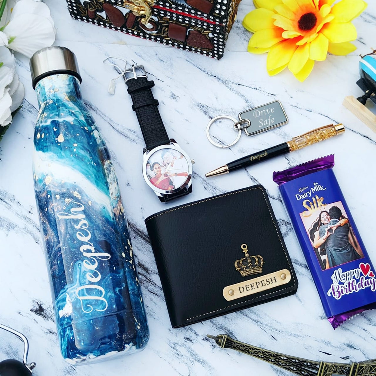 Customized Marble Bottle Hamper for him