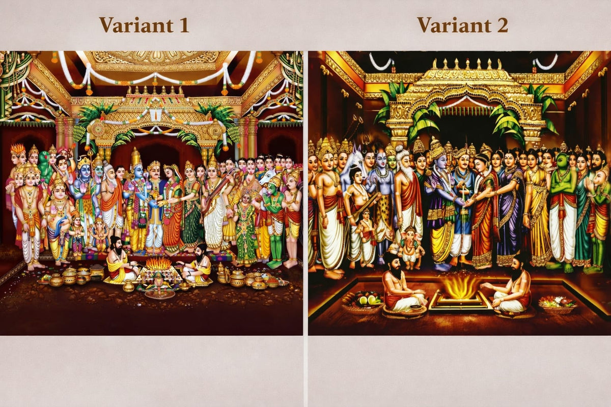 Two variants of a traditional painting with figures in a temple setting.