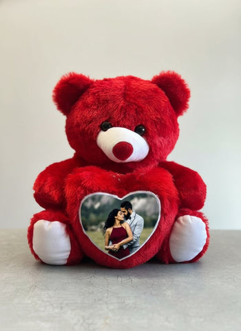 Red teddy bear with a heart-shaped photo insert on a light gray background