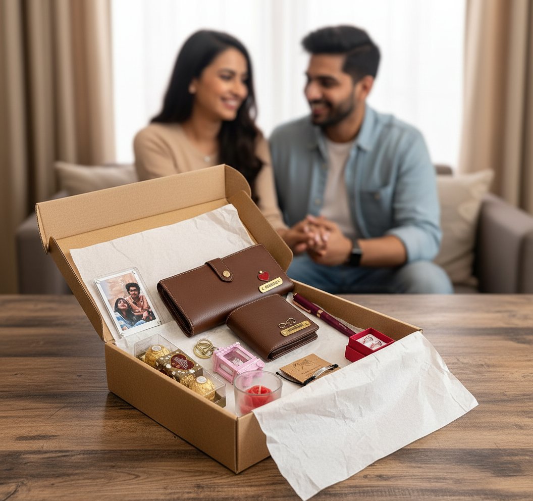 Open box containing a brown wallet, photo album, and other items on a table with a blurred background of two people.
