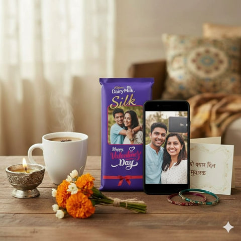 Dairy Milk Silk chocolate bar with a couple photo, coffee, flowers, and card on a table.