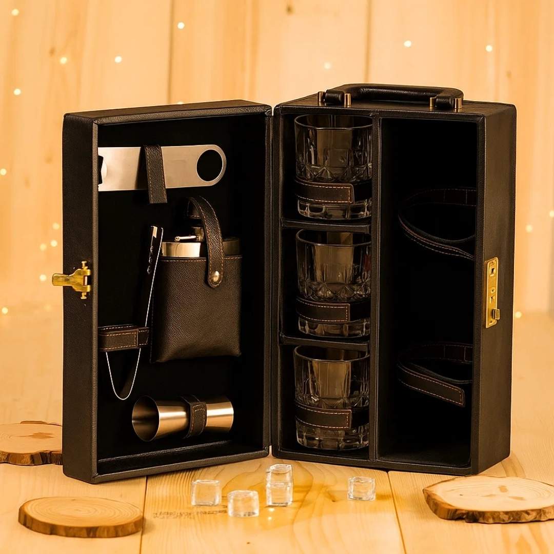 Customize Wine Set Box | Brown portable wine bar set | Leatger suitcase wine bar set | Groomsmen gift | Bar box